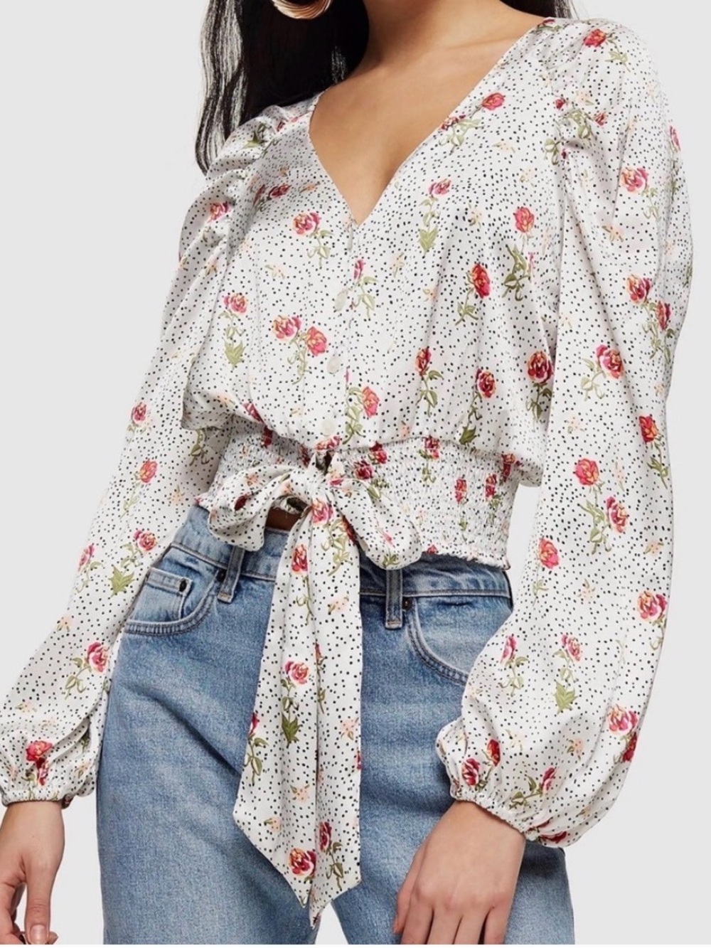 NWT Topshop Floral Polka Dot Smocked Tie Front Blouse